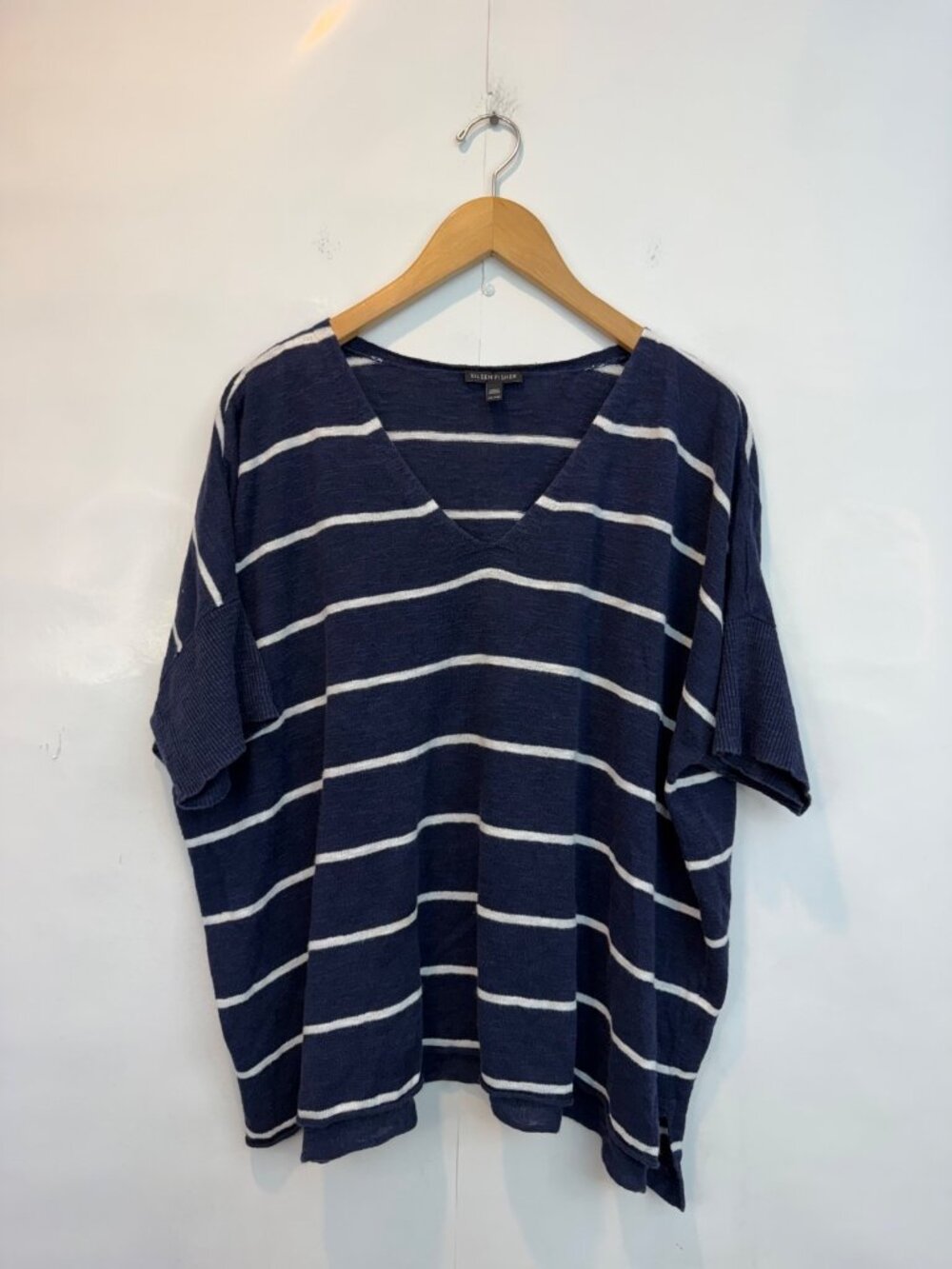 Eileen Fisher Women's Blue White Striped Knit V Neck Tunic Sweater Linen Size XL